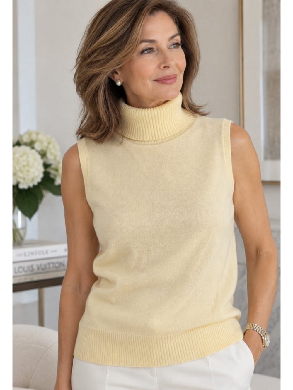 Lord & Taylor  Soft Yellow Turtleneck 2 PLY CASHMERE Pullover Sweater Vest Sz L